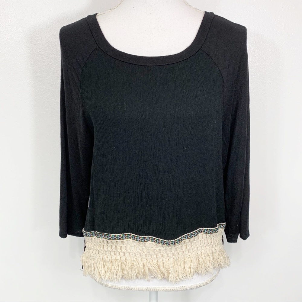Noble U Boutique Fringe Embellished Black Top